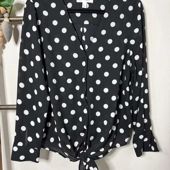 Popsugar Black White Polka Dot V Neck Tie Front Long Sleeve Blouse Size Large - Picture 4 of 10